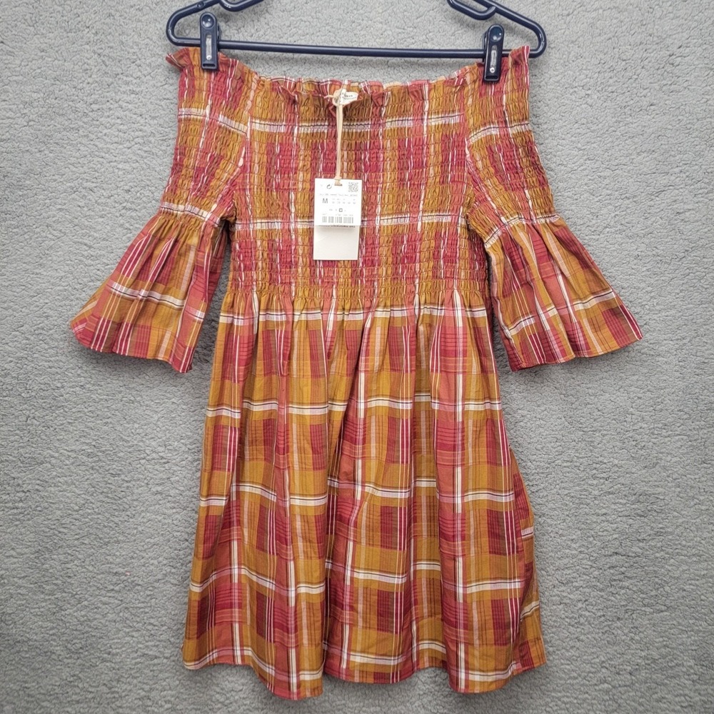 Zara Woman Plaid The smocking Off Shoulder Mini Dress Women's Size M